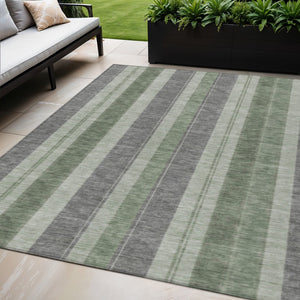 HomeRoots 5' Durable Green and Gray Striped Washable Area Rug for Indoor and Outdoor High-Traffic Spaces 5' X 8' 627093