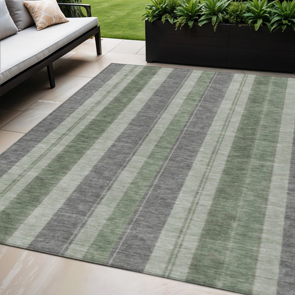 HomeRoots 5' Durable Green and Gray Striped Washable Area Rug for Indoor and Outdoor High-Traffic Spaces 5' X 8' 627093