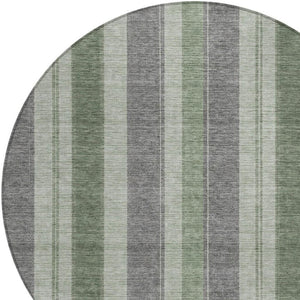 HomeRoots 5' Durable Green and Gray Striped Washable Area Rug for Indoor and Outdoor High-Traffic Spaces 8' Round 627094