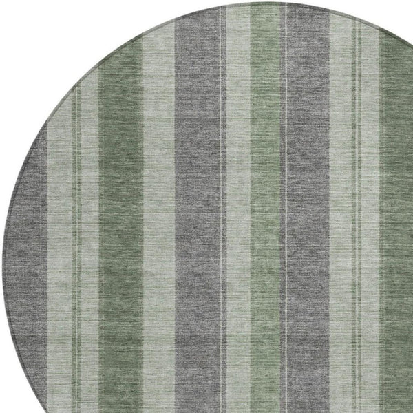 HomeRoots 5' Durable Green and Gray Striped Washable Area Rug for Indoor and Outdoor High-Traffic Spaces 8' Round 627094