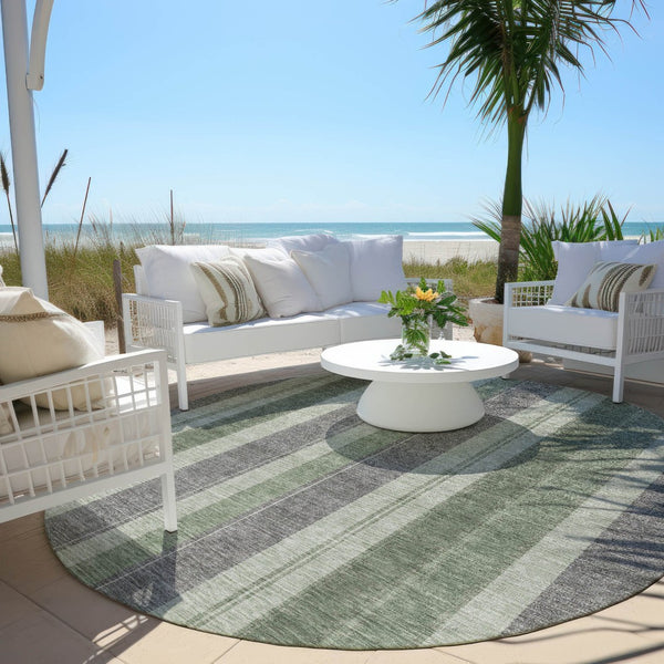 HomeRoots 5' Durable Green and Gray Striped Washable Area Rug for Indoor and Outdoor High-Traffic Spaces 8' Round 627094