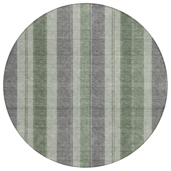 HomeRoots 5' Durable Green and Gray Striped Washable Area Rug for Indoor and Outdoor High-Traffic Spaces 8' Round 627094