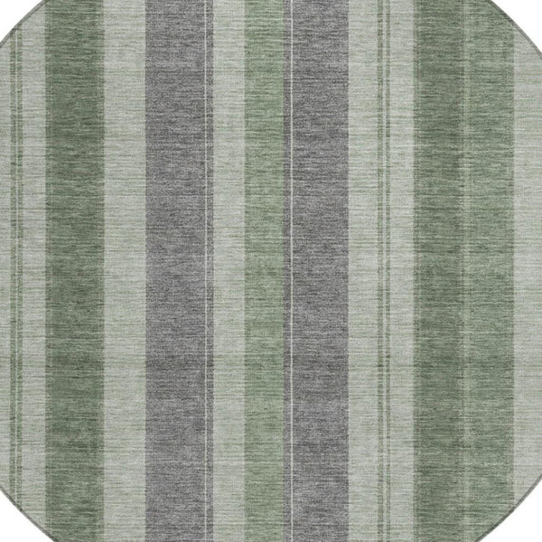 HomeRoots 5' Durable Green and Gray Striped Washable Area Rug for Indoor and Outdoor High-Traffic Spaces 8' Round 627094