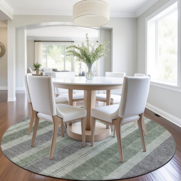HomeRoots 5' Durable Green and Gray Striped Washable Area Rug for Indoor and Outdoor High-Traffic Spaces 8' Round 627094