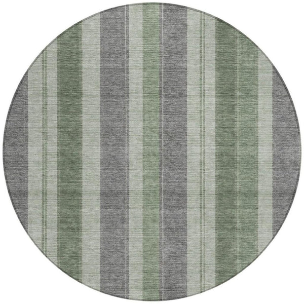 HomeRoots 5' Durable Green and Gray Striped Washable Area Rug for Indoor and Outdoor High-Traffic Spaces 8' Round 627094