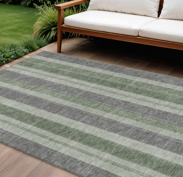HomeRoots 5' Durable Green and Gray Striped Washable Area Rug for Indoor and Outdoor High-Traffic Spaces 8' X 10' 627095