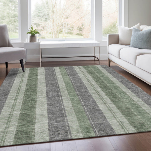 HomeRoots 5' Durable Green and Gray Striped Washable Area Rug for Indoor and Outdoor High-Traffic Spaces 8' X 10' 627095