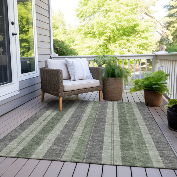 HomeRoots 5' Durable Green and Gray Striped Washable Area Rug for Indoor and Outdoor High-Traffic Spaces 8' X 10' 627095