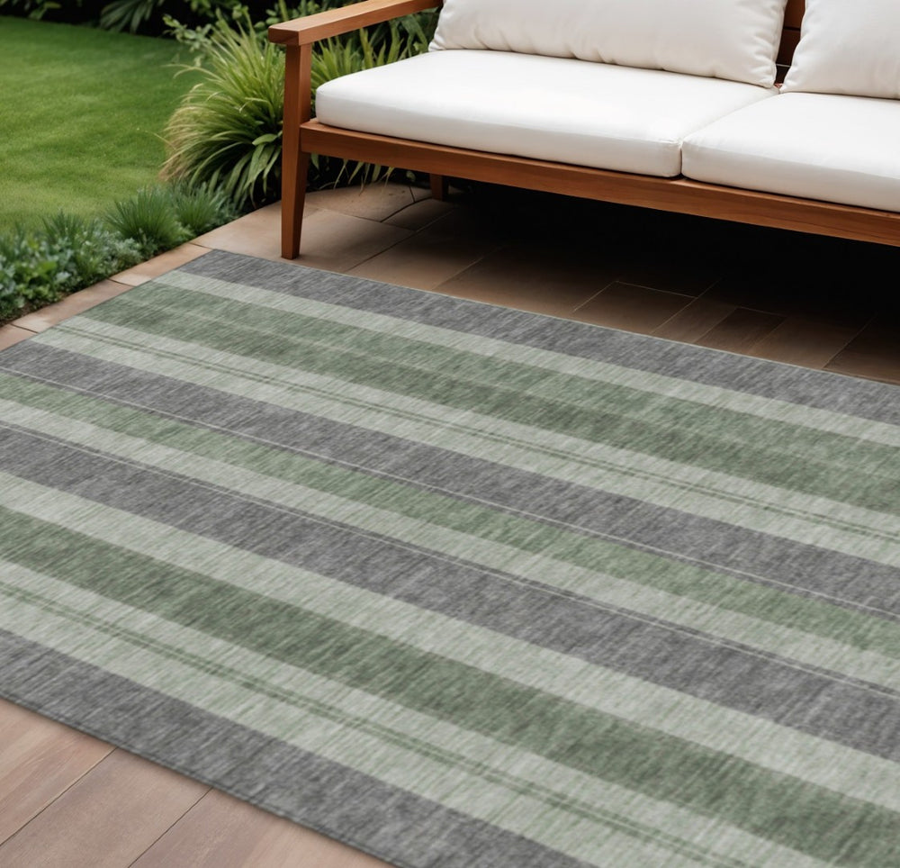 HomeRoots 5' Durable Green and Gray Striped Washable Area Rug for Indoor and Outdoor High-Traffic Spaces 10' X 14' 627097