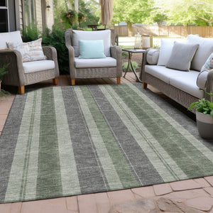 HomeRoots 5' Durable Green and Gray Striped Washable Area Rug for Indoor and Outdoor High-Traffic Spaces 10' X 14' 627097