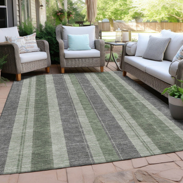 HomeRoots 5' Durable Green and Gray Striped Washable Area Rug for Indoor and Outdoor High-Traffic Spaces 10' X 14' 627097