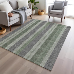 HomeRoots 5' Durable Green and Gray Striped Washable Area Rug for Indoor and Outdoor High-Traffic Spaces 10' X 14' 627097