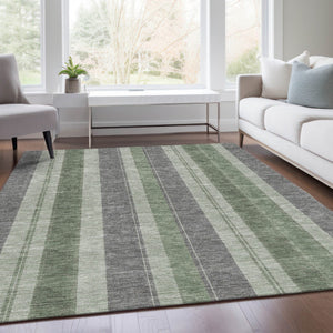 HomeRoots 5' Durable Green and Gray Striped Washable Area Rug for Indoor and Outdoor High-Traffic Spaces 10' X 14' 627097