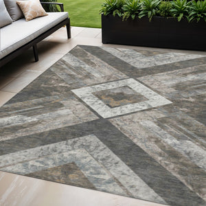 HomeRoots 5' Modern Brown and Gray Geometric Area Rug - Durable, Washable, Indoor/Outdoor Versatile Design 5' X 8' 627105