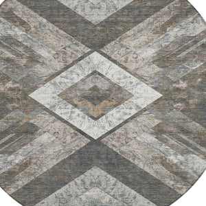 HomeRoots 5' Modern Brown and Gray Geometric Area Rug - Durable, Washable, Indoor/Outdoor Versatile Design 8' Round 627106