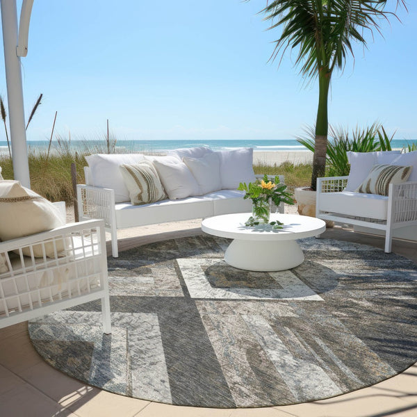HomeRoots 5' Modern Brown and Gray Geometric Area Rug - Durable, Washable, Indoor/Outdoor Versatile Design 8' Round 627106