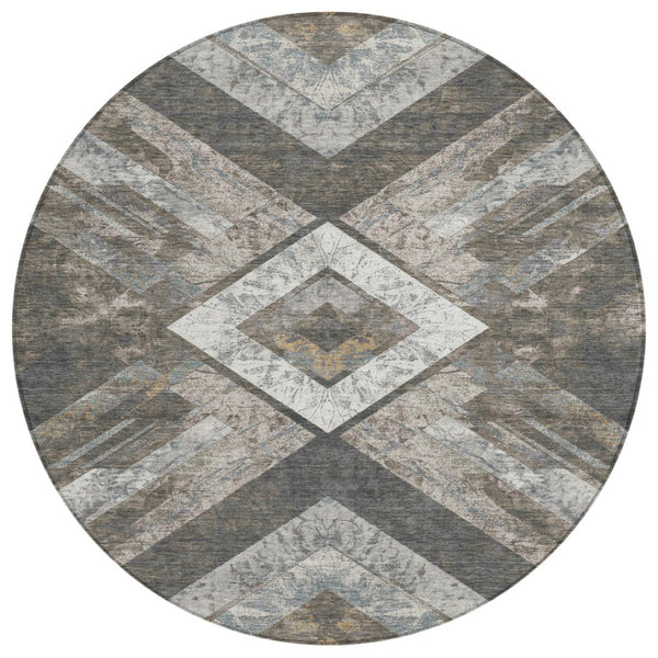 HomeRoots 5' Modern Brown and Gray Geometric Area Rug - Durable, Washable, Indoor/Outdoor Versatile Design 8' Round 627106