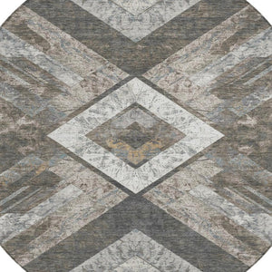 HomeRoots 5' Modern Brown and Gray Geometric Area Rug - Durable, Washable, Indoor/Outdoor Versatile Design 8' Round 627106