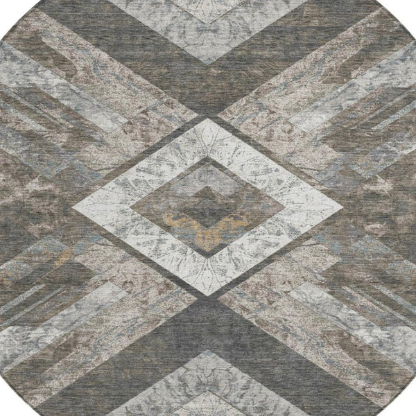 HomeRoots 5' Modern Brown and Gray Geometric Area Rug - Durable, Washable, Indoor/Outdoor Versatile Design 8' Round 627106
