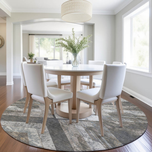 HomeRoots 5' Modern Brown and Gray Geometric Area Rug - Durable, Washable, Indoor/Outdoor Versatile Design 8' Round 627106