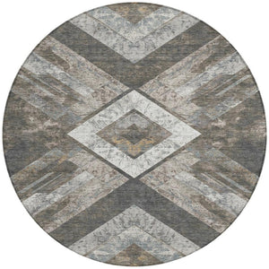 HomeRoots 5' Modern Brown and Gray Geometric Area Rug - Durable, Washable, Indoor/Outdoor Versatile Design 8' Round 627106