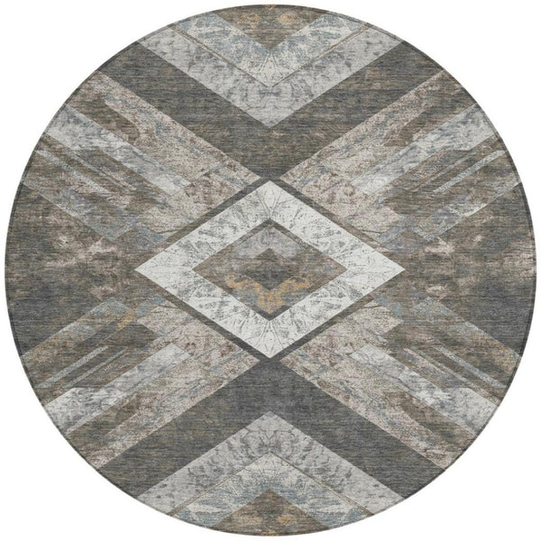 HomeRoots 5' Modern Brown and Gray Geometric Area Rug - Durable, Washable, Indoor/Outdoor Versatile Design 8' Round 627106