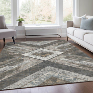 HomeRoots 5' Modern Brown and Gray Geometric Area Rug - Durable, Washable, Indoor/Outdoor Versatile Design 9' X 12' 627108