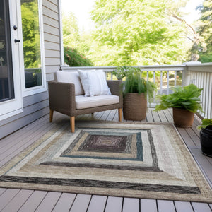 HomeRoots 5' Modern Geometric Beige Charcoal Ivory Washable Rug - Durable Indoor Outdoor Style & Easy Care 5' X 8' 627135