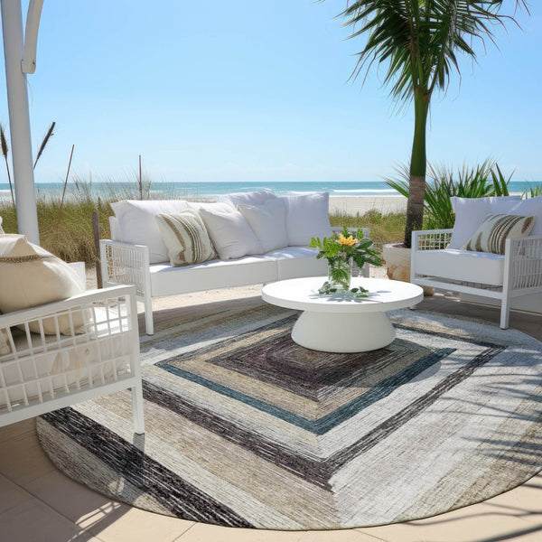 HomeRoots 5' Modern Geometric Beige Charcoal Ivory Washable Rug - Durable Indoor Outdoor Style & Easy Care 8' Round 627136