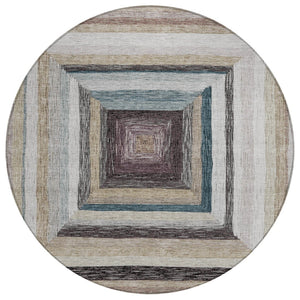 HomeRoots 5' Modern Geometric Beige Charcoal Ivory Washable Rug - Durable Indoor Outdoor Style & Easy Care 8' Round 627136