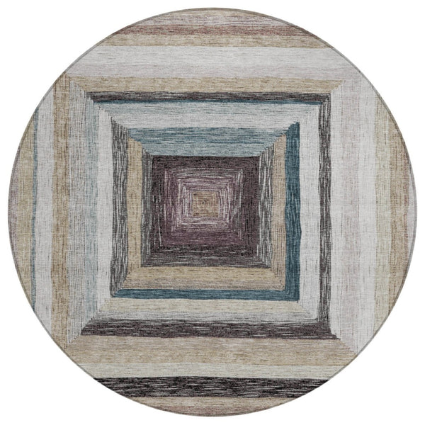 HomeRoots 5' Modern Geometric Beige Charcoal Ivory Washable Rug - Durable Indoor Outdoor Style & Easy Care 8' Round 627136