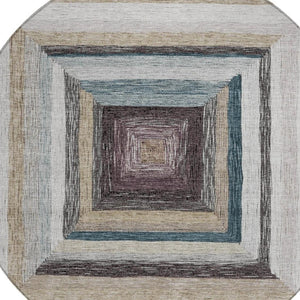 HomeRoots 5' Modern Geometric Beige Charcoal Ivory Washable Rug - Durable Indoor Outdoor Style & Easy Care 8' Round 627136