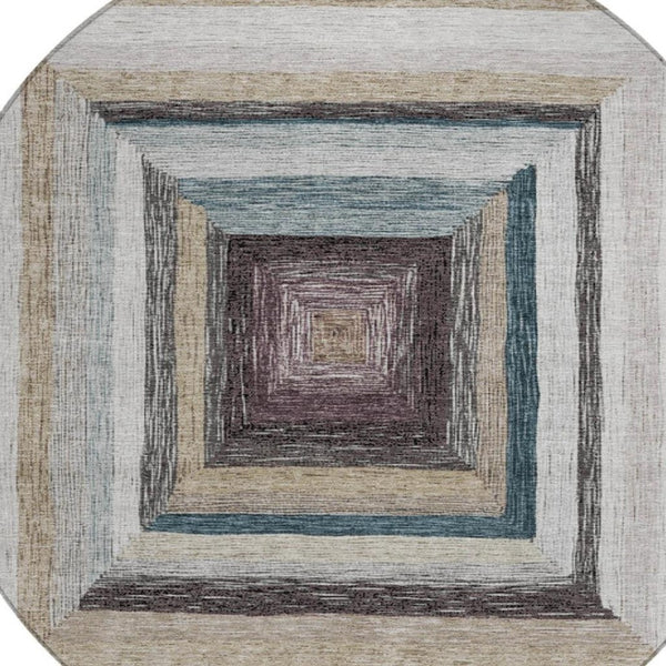 HomeRoots 5' Modern Geometric Beige Charcoal Ivory Washable Rug - Durable Indoor Outdoor Style & Easy Care 8' Round 627136