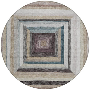HomeRoots 5' Modern Geometric Beige Charcoal Ivory Washable Rug - Durable Indoor Outdoor Style & Easy Care 8' Round 627136