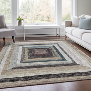 HomeRoots 5' Modern Geometric Beige Charcoal Ivory Washable Rug - Durable Indoor Outdoor Style & Easy Care 8' X 10' 627137