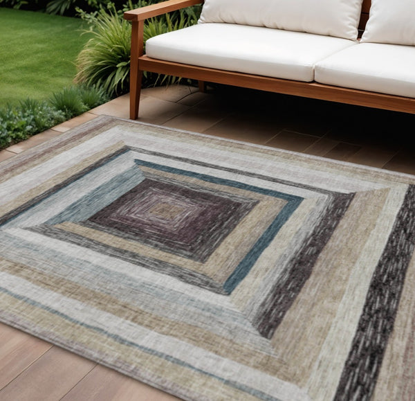 HomeRoots 5' Modern Geometric Beige Charcoal Ivory Washable Rug - Durable Indoor Outdoor Style & Easy Care 9' X 12' 627138