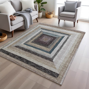 HomeRoots 5' Modern Geometric Beige Charcoal Ivory Washable Rug - Durable Indoor Outdoor Style & Easy Care 9' X 12' 627138