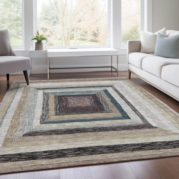HomeRoots 5' Modern Geometric Beige Charcoal Ivory Washable Rug - Durable Indoor Outdoor Style & Easy Care 9' X 12' 627138
