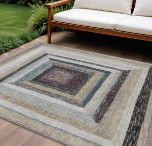 HomeRoots 5' Modern Geometric Beige Charcoal Ivory Washable Rug - Durable Indoor Outdoor Style & Easy Care 10' X 14' 627139