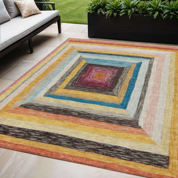 HomeRoots 5' Bold Amber Pink and Teal Blue Geometric Washable Area Rug for Stylish Indoor and Outdoor Spaces 5' X 8' 627153