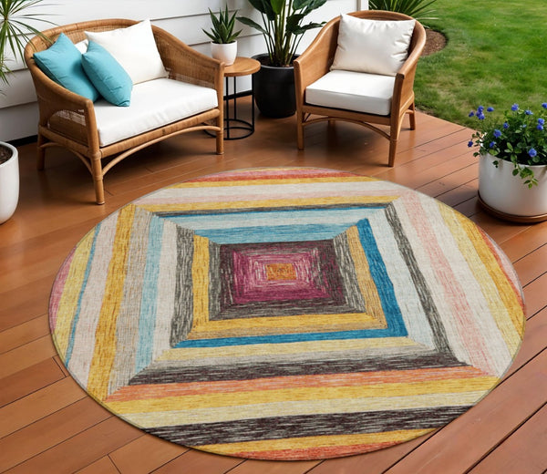 HomeRoots 5' Bold Amber Pink and Teal Blue Geometric Washable Area Rug for Stylish Indoor and Outdoor Spaces 8' Round 627154