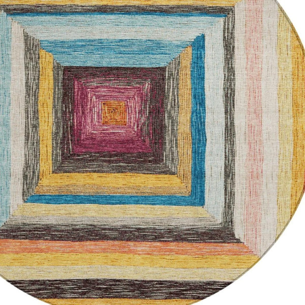 HomeRoots 5' Bold Amber Pink and Teal Blue Geometric Washable Area Rug for Stylish Indoor and Outdoor Spaces 8' Round 627154