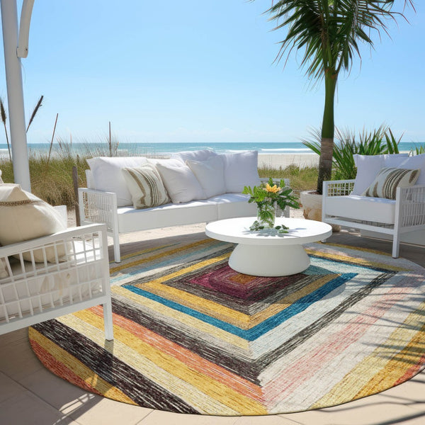 HomeRoots 5' Bold Amber Pink and Teal Blue Geometric Washable Area Rug for Stylish Indoor and Outdoor Spaces 8' Round 627154
