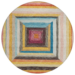 HomeRoots 5' Bold Amber Pink and Teal Blue Geometric Washable Area Rug for Stylish Indoor and Outdoor Spaces 8' Round 627154