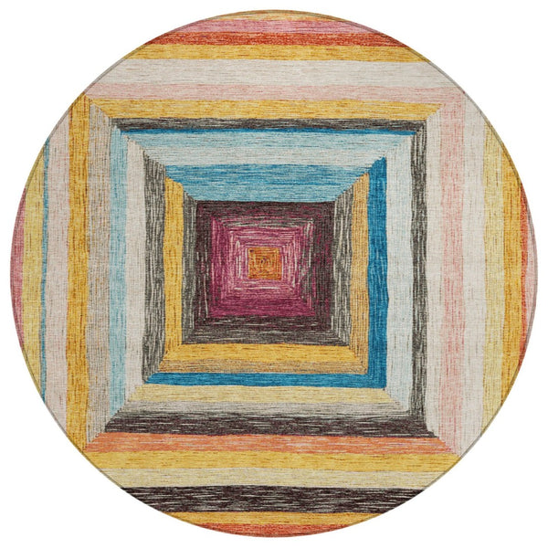 HomeRoots 5' Bold Amber Pink and Teal Blue Geometric Washable Area Rug for Stylish Indoor and Outdoor Spaces 8' Round 627154