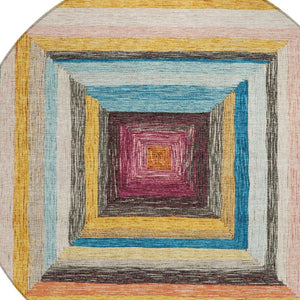 HomeRoots 5' Bold Amber Pink and Teal Blue Geometric Washable Area Rug for Stylish Indoor and Outdoor Spaces 8' Round 627154