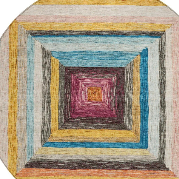 HomeRoots 5' Bold Amber Pink and Teal Blue Geometric Washable Area Rug for Stylish Indoor and Outdoor Spaces 8' Round 627154