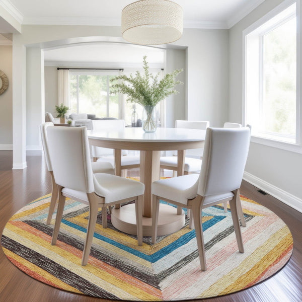 HomeRoots 5' Bold Amber Pink and Teal Blue Geometric Washable Area Rug for Stylish Indoor and Outdoor Spaces 8' Round 627154