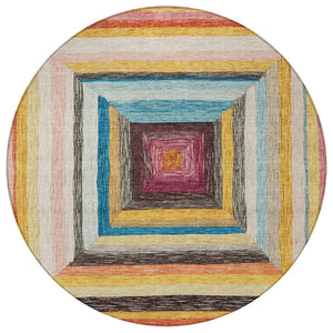 HomeRoots 5' Bold Amber Pink and Teal Blue Geometric Washable Area Rug for Stylish Indoor and Outdoor Spaces 8' Round 627154