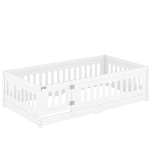 English Elm Twin Size Floor Bed With Safety Guardrails & Built-In Door - Cozy Solid Wood Frame For Kids’ Rooms W1820P240536-GIGA